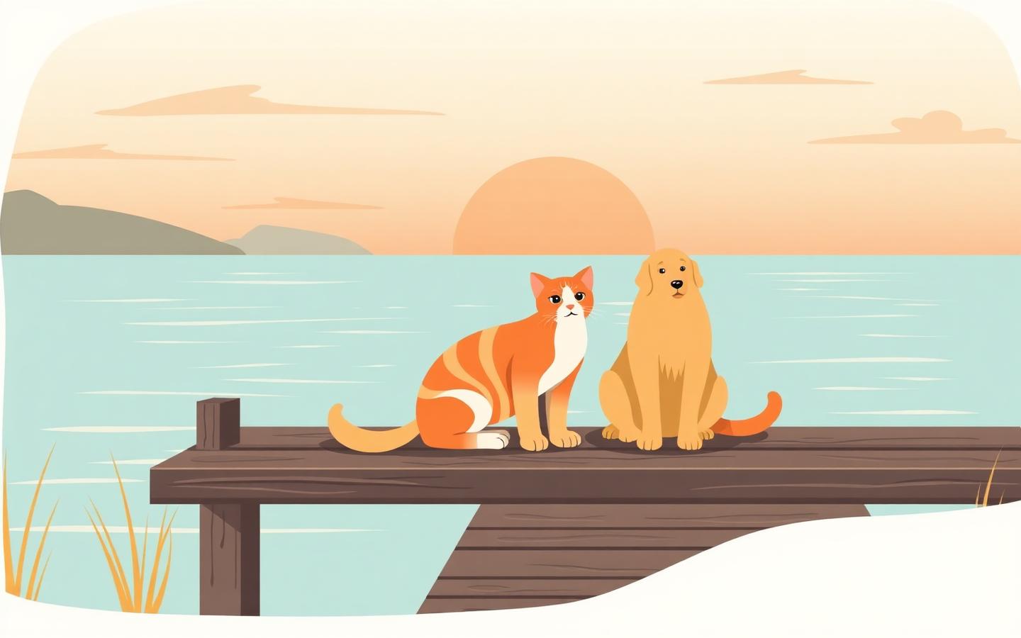 A dog and cat sitting together on a lakeside dock at sunset